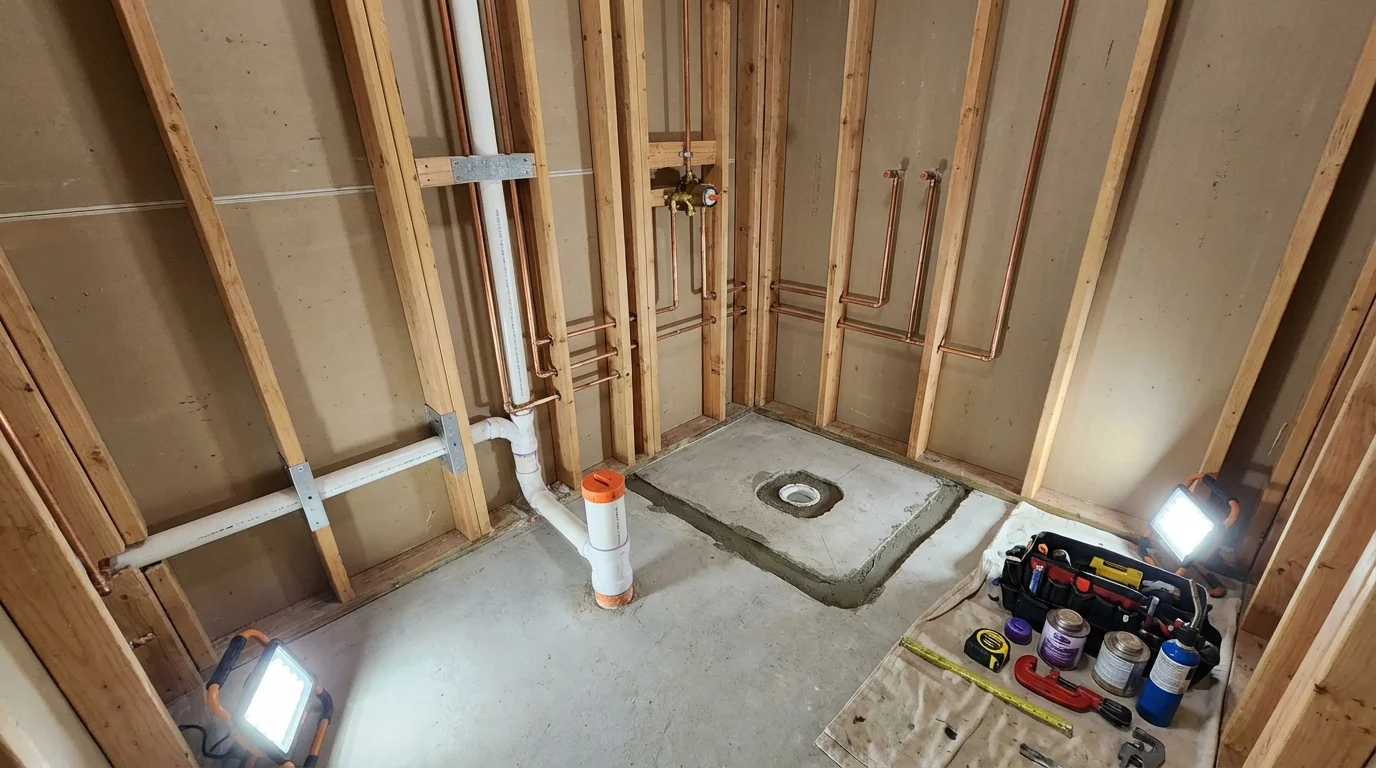 Bathroom rough-in plumbing during remodel by Johns Plumbing LLC in Cimarron