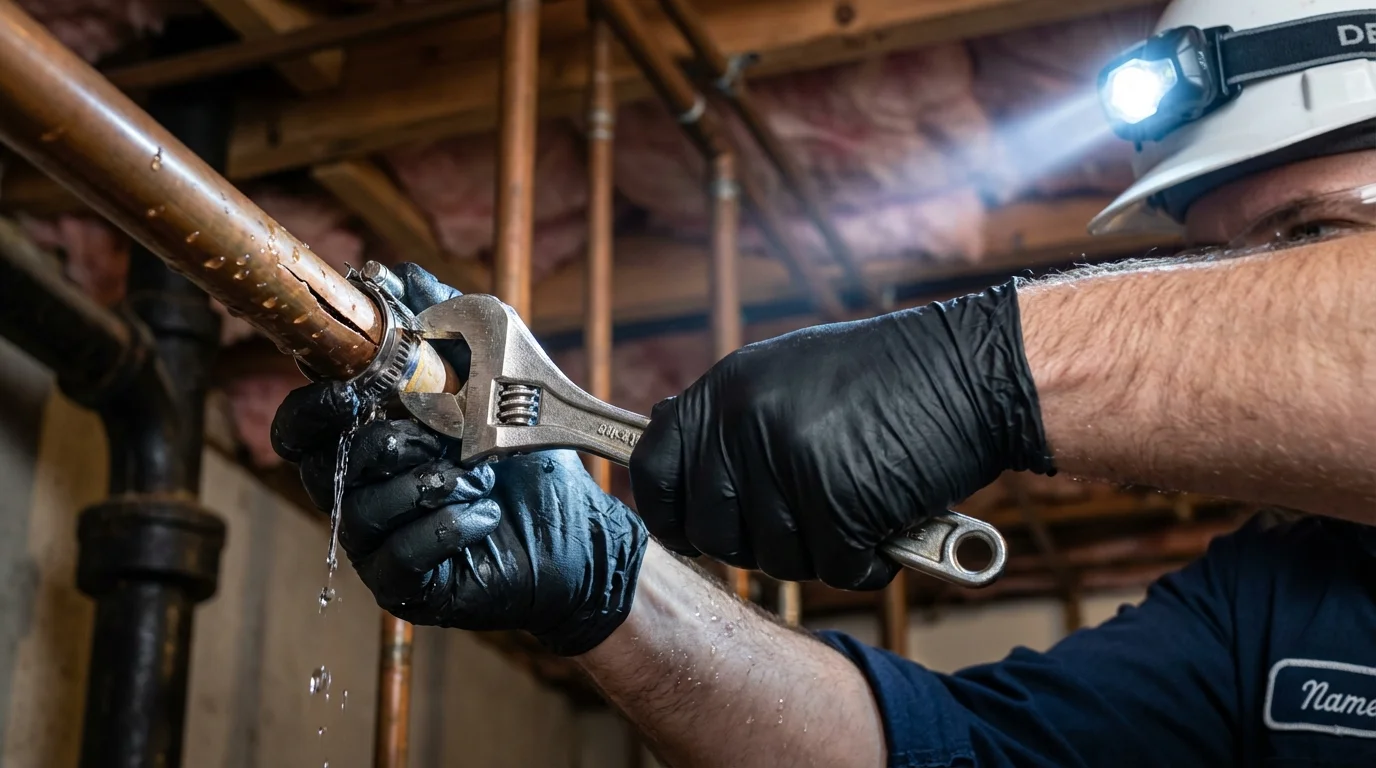 Emergency pipe clamp repair being performed by a Johns Plumbing LLC plumber in Cimarron