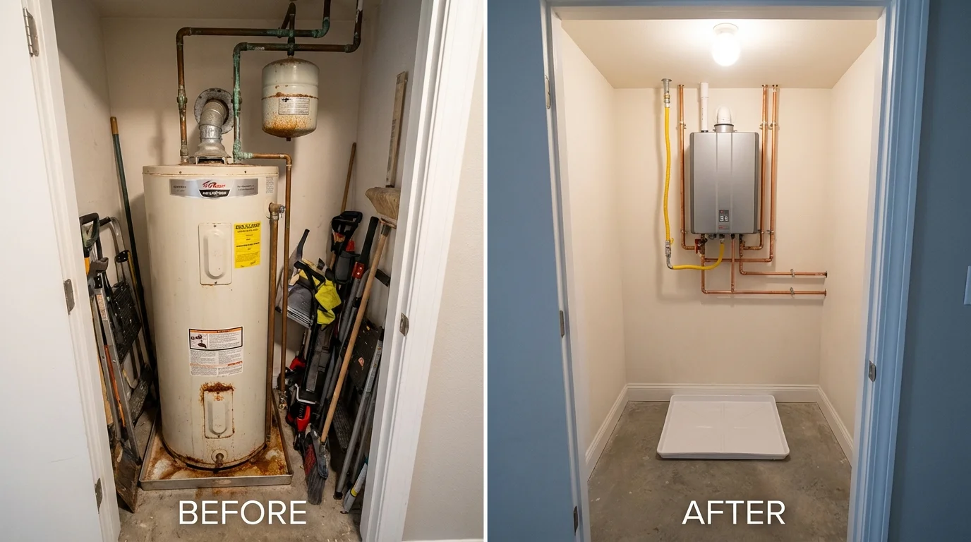 Tank water heater versus wall-mounted tankless unit comparison for Cimarron, KS homeowners
