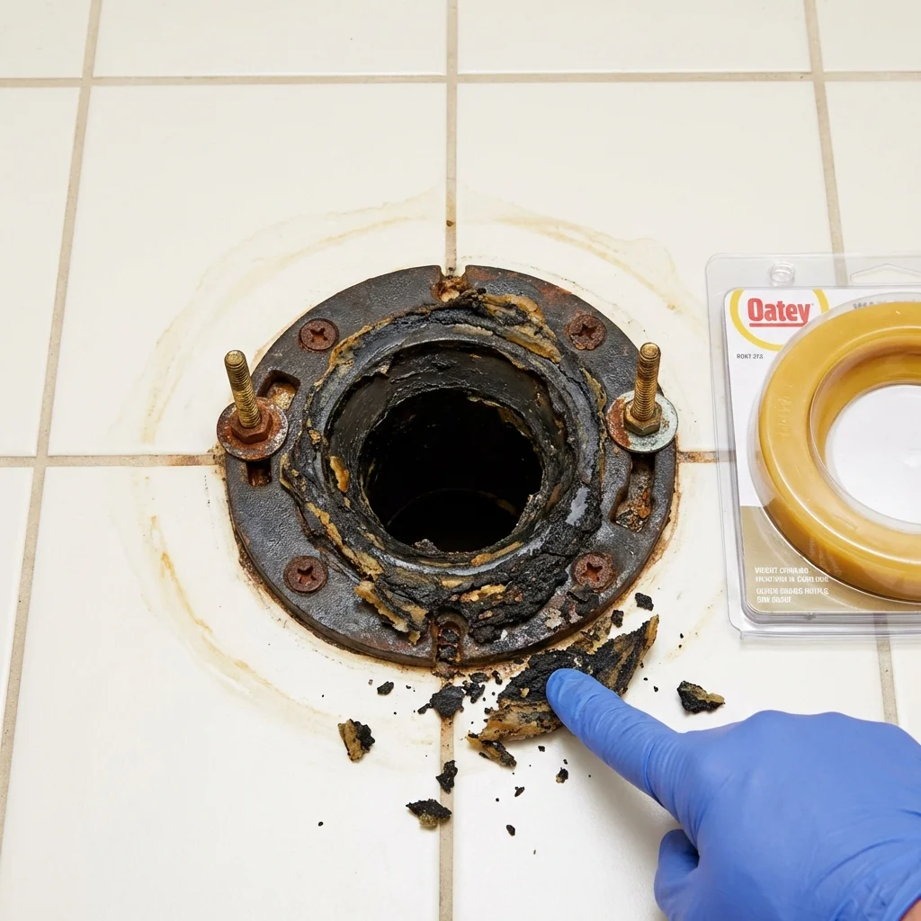 Failed wax ring showing water seepage at the base of a toilet in a Cimarron, KS home
