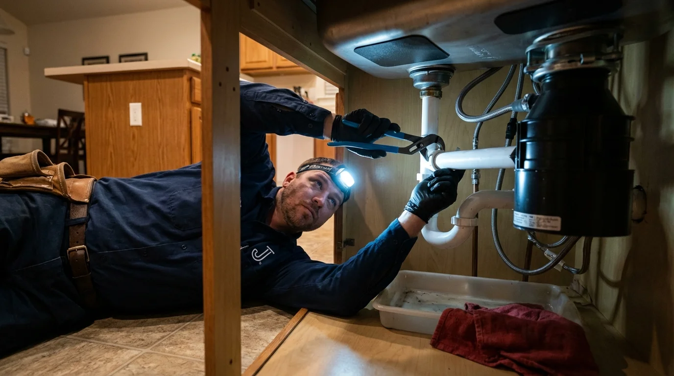 P-trap and supply line connections under a kitchen sink showing a common leak point in Cimarron, KS
